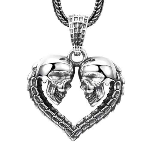 VOYADE S925 Sterling Silber Herz-Totenkopf-Anhänger, Männer Und Frauen Gothic Herz Anhänger Halskette,Silber,Pendant + Chain 50cm von VOYADE