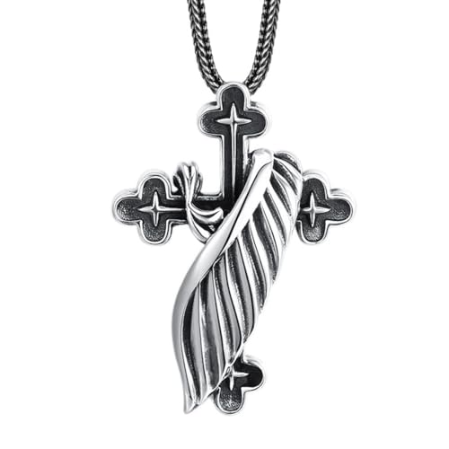 VOYADE S925 Sterling Silber Kreuz Flügel Anhänger, Herren Vintage Kreuz Anhänger Halskette,Silber,Pendant + Chain 70cm von VOYADE