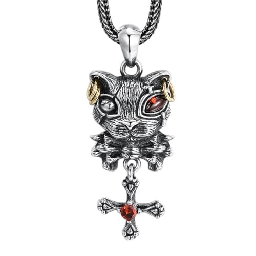 VOYADE S925 Sterling Silber Kreuz Kätzchen Anhänger, Männer Mode Bogen Katze Anhänger Halskette,Silber,Pendant + Chain 50cm von VOYADE