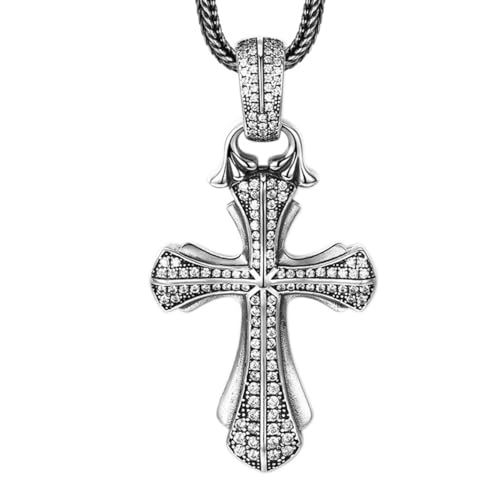 VOYADE S925 Sterling Silber Kreuz Mit Zirkonia-Anhänger, Männer Und Frauen Vintage Kreuz Anhänger Halskette,Silber,Pendant + Chain 60cm von VOYADE