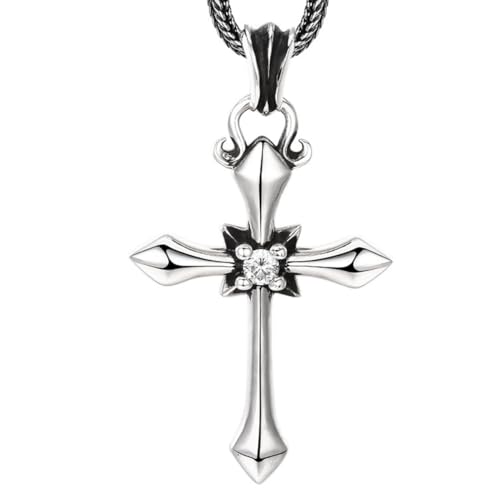 VOYADE S925 Sterling Silber Kreuz Zirkon Anhänger, Herren Gothic Kreuz Anhänger Halskette,Silber,Pendant + Chain 70cm von VOYADE