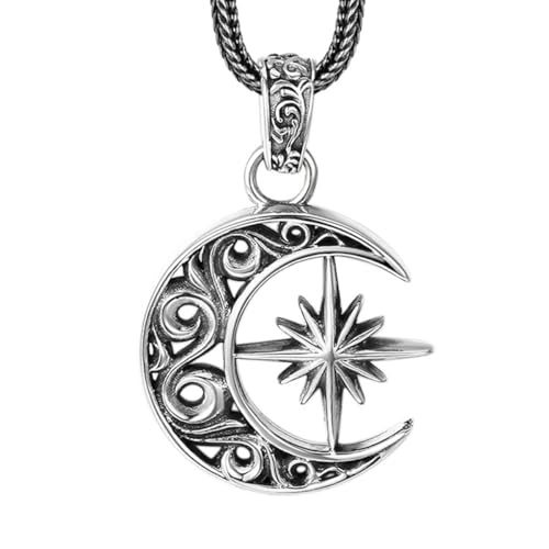 VOYADE S925 Sterling Silber Mond Starburst-Anhänger, Paare Nische Sonne Und Mond Durchbrochene Anhänger Halskette,Silber,Pendant + Chain 50cm von VOYADE