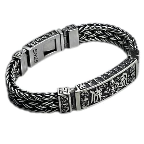 VOYADE S925 Sterling Silber Persönlichkeit Sechs Zeichen Mantra Gewebtes Weizenarmband, Zweireihiges Weizenarmband Aus Sterlingsilber Für Herren,Silber,22cm von VOYADE