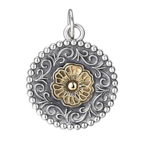 VOYADE S925 Sterling Silber Runde Plaque Gras-Muster-Anhänger, Männer Und Frauen Sonnenblume Anhänger Halskette,Silber,Pendant + Chain 60cm von VOYADE