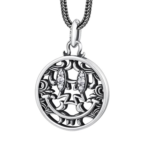 VOYADE S925 Sterling Silber Runden Smiley Anhänger, Männer Und Frauen Mode Smiley Anhänger Halskette,Silber,Pendant + Chain 65cm von VOYADE