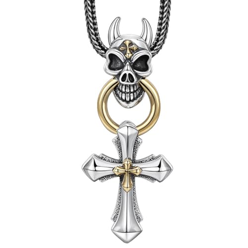 VOYADE S925 Sterling Silber Schädel Biss Ring Kreuz Anhänger, Männer Hip Hop Sterling Silber Anhänger Halskette,Silber,Single Pendant von VOYADE