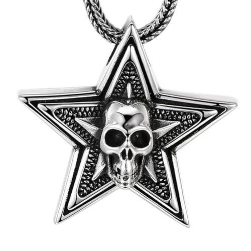 VOYADE S925 Sterling Silber Schädel Pentagramm Anhänger, Männer Und Frauen Personalisierte Pentagramm Anhänger Halskette,Silber,Pendant + Chain 50cm von VOYADE