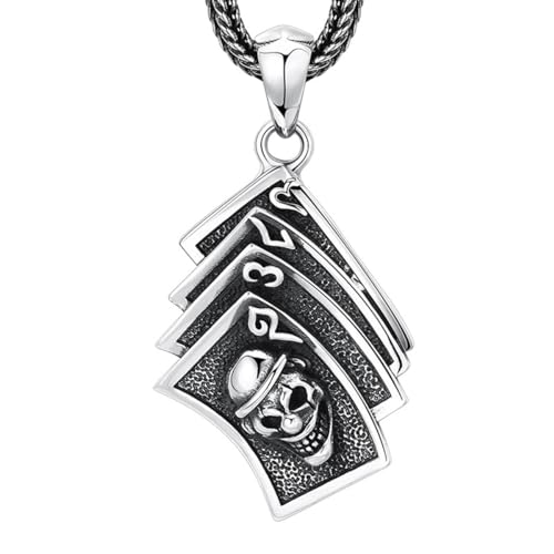 VOYADE S925 Sterling Silber Schädel Spielkarte Anhänger, Herren Personalisierte Clown Anhänger Halskette,Silber,Pendant + Chain 55cm von VOYADE