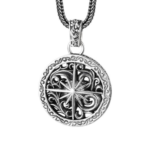 VOYADE S925 Sterling Silber Starburst Anhänger, Herren Durchbrochene Florale Personalisierte Anhänger Halskette,Silber,Pendant + Chain 55cm von VOYADE