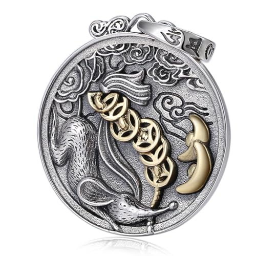 VOYADE S925 Sterling Silber Sternzeichen Ratte Runde Platte Anhänger, Männer Und Frauen Vintage Ratte Auspicious Wolke Anhänger Halskette,Silber,Pendant + Chain 70cm von VOYADE