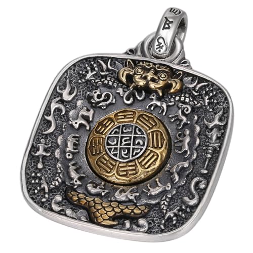 VOYADE S925 Sterling Silber Tierkreis Neun Palast Acht Trigramme Anhänger, Männer Und Frauen Sechs Worte Der Wahrheit Tierkreis Anhänger Halskette,Silber,Single Pendant von VOYADE