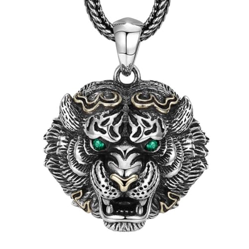 VOYADE S925 Sterling Silber Tiger Kopf Grüne Augen Anhänger, Männer Tiger Kopf Sterling Silber Anhänger Halskette,Silber,Pendant + Chain 70cm von VOYADE