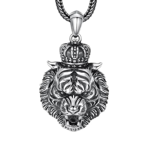 VOYADE S925 Sterling Silber Tiger Kopf Krone Anhänger, Männer Und Frauen Retro Personalisierte Anhänger Halskette,Silber,Pendant + Chain 55cm von VOYADE