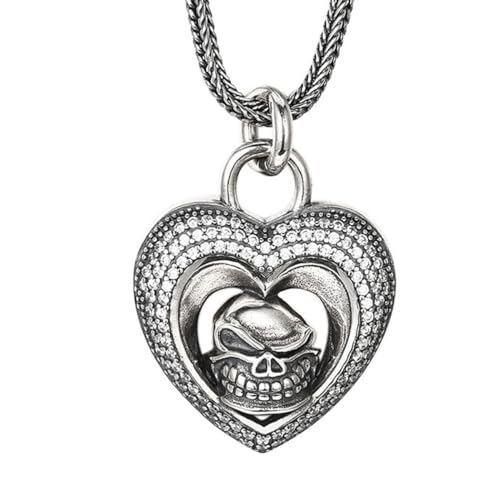 VOYADE S925 Sterling Silber Totenkopf Herz Anhänger, Männer Und Frauen Mode Herz Anhänger Halskette,Silber,Pendant + Chain 60cm von VOYADE