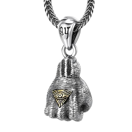 VOYADE S925 Sterling Silber Vintage Faust Gottes Auge Anhänger, Männer Hip Hop Faust Anhänger Halskette,Silber,Pendant + Chain 55cm von VOYADE