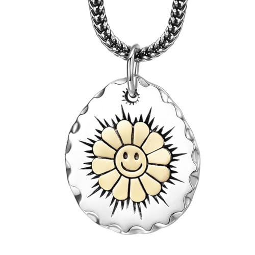 VOYADE S925 Sterling Silber Vintage Smiley Blumen Anhänger, Männer Und Frauen Personalisierte Sonnenblumen Anhänger Halskette,Silber,Pendant + Chain 50cm von VOYADE