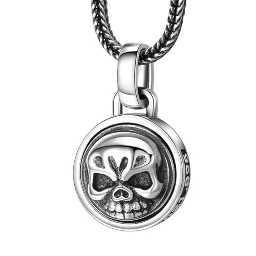 VOYADE S925 Sterling Silber Vintage Totenkopf Anhänger, Männer Totenkopf Drehbarer Anhänger Halskette,Silber,Pendant + Chain 60cm von VOYADE