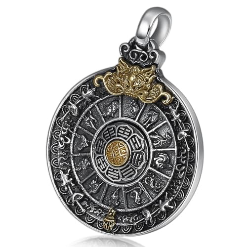 VOYADE S925 Sterling Silber Zodiac Anhänger, Herren Sechs Zeichen Wahrheit Neun Palast Acht Trigramme Anhänger Halskette,Silber,Single Pendant von VOYADE