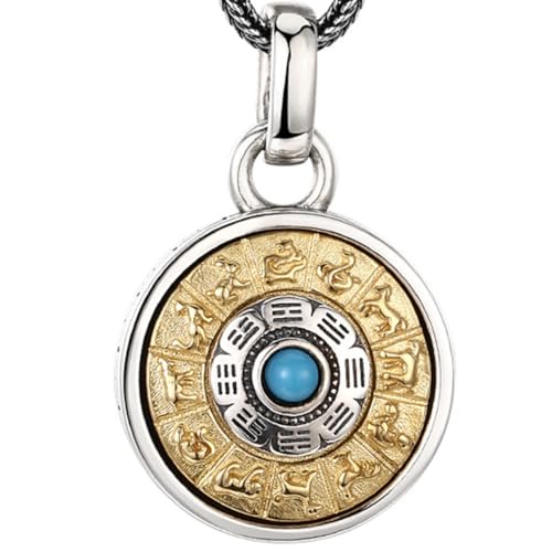 VOYADE S925 Sterling Silber Zodiac Anhänger, Männer Und Frauen Neun Palast Acht Trigramme Drehbar Anhänger Halskette,Silber,Pendant + Chain 70cm von VOYADE