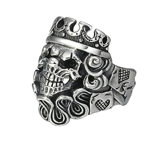 VOYADE Totenkopf Krone Ring Herren Persönlichkeit Spielkarten Clown Totenkopf Ring Nachtclub Lokomotive Rock 925 Silber Offener Ring,Silber,11 von VOYADE