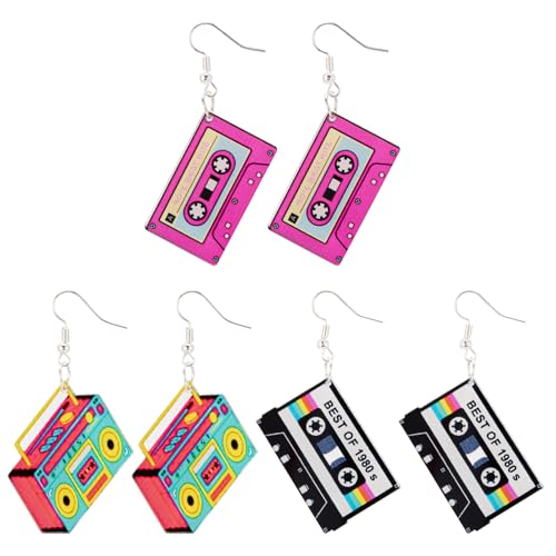 3 Paare Retro Kassettenband Ohrringe, Bunt, 80er 90er Neon-Ohrring für Frauen, 80er 90er Jahre Outfit Damen Kostüm Party Maskerade, 90er Jahre Nostalgie Geschenke, Für Mottoparty, Für Frauen Mädchen von VOYANTE
