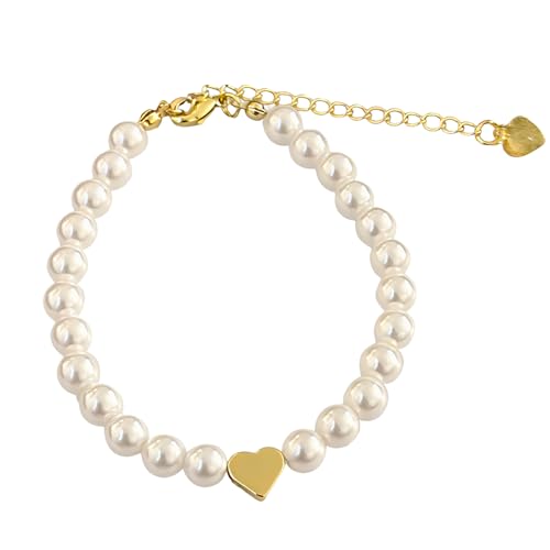 Handgefertigtes Perlenarmband Damen, Armband Damen Mit Herz Anhänger, Perlen Armbänder Frauen, Perlenarmbänder Weiß, Perlenschmuck, Pearl Bracelet, Geschenk für Freundin und Mutter, Verstellbares von VOYANTE