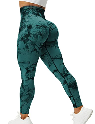 VOYJOY Tie Dye Nahtlose Leggings für Frauen Hohe Taille Yogahose, Scrunch Butt Lifting Elastische Strumpfhosen, Blau Grün, M von VOYJOY