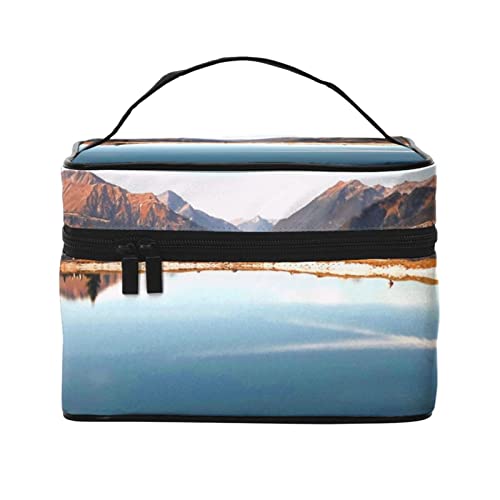 VOZITI Berge umgeben den See, tragbare Make-up-Tasche, große Reise-Kosmetiktasche, Tasche, Clutch, Organizer mit Griff, für Mädchen und Frauen, schwarz, Einheitsgröße, Schwarz , Einheitsgröße von VOZITI