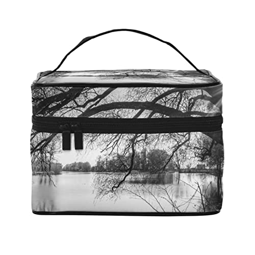 VOZITI Old Tree by Lake tragbare Make-up-Tasche, große Reise-Kosmetiktasche, Tasche, Clutch, Organizer mit Griff, für Mädchen und Frauen, Schwarz, Einheitsgröße, Schwarz , Einheitsgröße von VOZITI