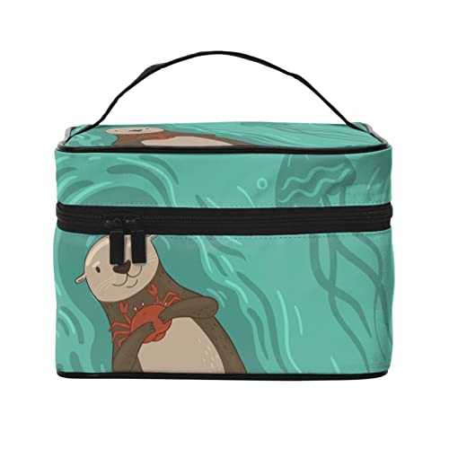 VOZITI Otters in Love tragbare Make-up-Tasche, große Reise-Kosmetiktasche, Clutch-Organizer mit Griff, für Mädchen und Frauen, Schwarz, Einheitsgröße, Schwarz , Einheitsgröße von VOZITI