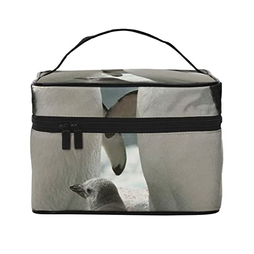 VOZITI Pinguin Eltern und Küken Antarktis große tragbare Make-up-Tasche große Reise-Kosmetiktasche Beutel Clutch Organizer mit Griff für Mädchen Frauen, schwarz, Einheitsgröße, Schwarz , Einheitsgröße von VOZITI