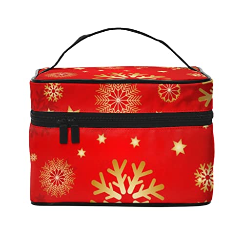 VOZITI Roter Hintergrund goldener Schnee Tragbare Make-up-Tasche Große Reise Kosmetiktasche Beutel Clutch Organizer Mit Griff für Mädchen Frauen, Schwarz, Einheitsgröße, Schwarz , Einheitsgröße von VOZITI