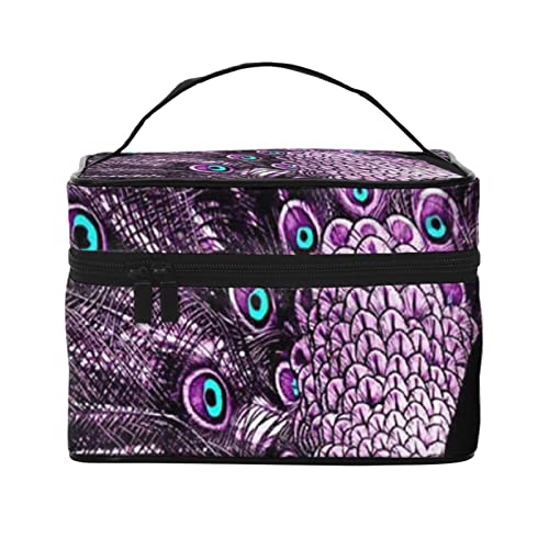 VOZITI Tragbare Make-up-Tasche mit violettem Pfau, groß, Reise-Kosmetiktasche, Clutch, Organizer mit Griff, für Mädchen und Frauen, Schwarz, Einheitsgröße, Schwarz , Einheitsgröße von VOZITI