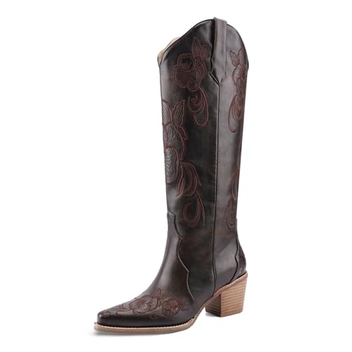 VOZTOLLS Cowboystiefel für Damen, kniehoch, Cowgirl, Westernstiefel, spitzer Zehenbereich, breiter Blockabsatz, Retro, Vintage, Blumenstickerei, Schlupflaschen, hohe Stiefel, Dunkelbraun, 39 EU VOZTOLLS Cowboystiefel für Damen, kniehoch, Cowgirl, Westernstiefel, spitzer Zehenbereich, breiter Blockabsatz, Retro, Vintage, Blumenstickerei, Schlupflaschen, hohe Stiefel, Dunkelbraun, 39 EU von VOZTOLLS