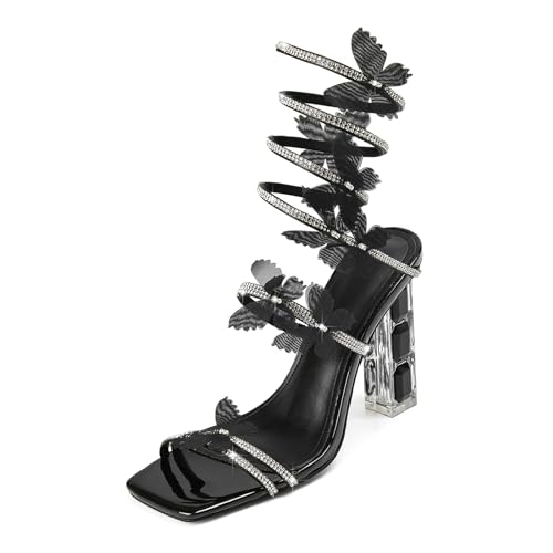 VOZTOLLS Damen Strass Kristall Schmetterling High Heels Stilvolle Offene Quadratische Zehe Spiral Knöchelriemen Kleid Chunky Heels Sandalen für Hochzeit Party Bankett, Schwarz, 40 EU von VOZTOLLS
