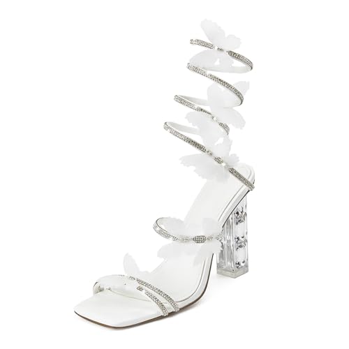 VOZTOLLS Damen Strass Kristall Schmetterling High Heels Stilvolle Offene Quadratische Zehe Spiral Knöchelriemen Kleid Chunky Heels Sandalen für Hochzeit Party Bankett, Weiss/opulenter Garten, 37 EU von VOZTOLLS