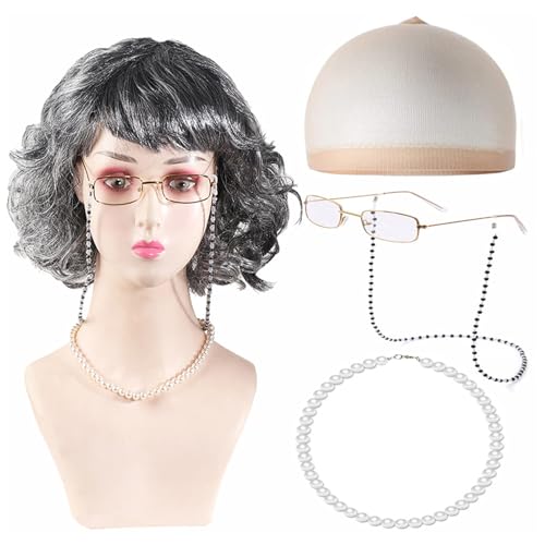 5 Stück Old Lady Kostüm Großmutter Cosplay Zubehör Set,Oma Perücke Kostüm Accessoire,Großmutter Perücke Perücke Kappe Oma Brille Brillen mit Ketten Perlenkette für Karneval Halloween von VPB