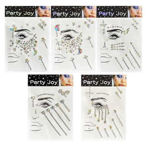5Stücke Edelsteine Temporäre Tattoos Glitzer Schmucksteine Strass Gesicht Juwelen Kristalle Strasssteine Acryl-Kristall wasserdicht Glitzer-Aufkleber für Karneval Schminke Party Make up von VPB