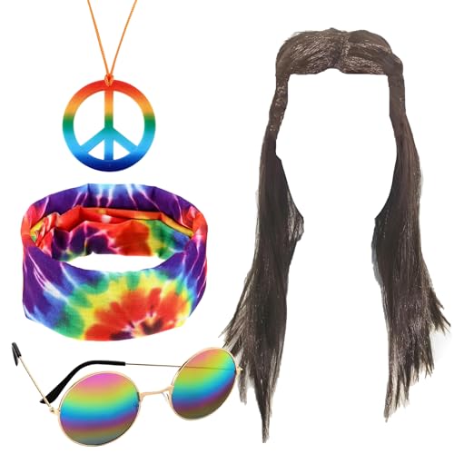 VPB Hippie kostüm Damen Herren Set,Hippie Accessoires,Perücke Brille Peace Halskette Stirnband,Fasching kostüm 80er 90er Mottoparty Halloween Fasching Karneval(4 Stück) von VPB
