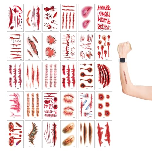 VPOUERY 30 Stück Horror Narben Wunden Spinnen Gruselig Tattoo Gesicht, Zombie Vampir Hexen Kostüm Damen Make Up Schminke Zubehör für Karneval Fasching Motto Party,Temporäre Tattoos Für Kinder（A） von VPOUERY