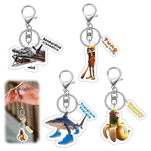 VPOUERY 4 Stück 3D Gedrucktes Brainrot Figuren Schlüsselanhänger,Tralalero Tralala Dreidimensionaler Schlüsselanhänger,Lustiger Acrylanhänger,Geeignet für Erwachsene und Kinder von VPOUERY