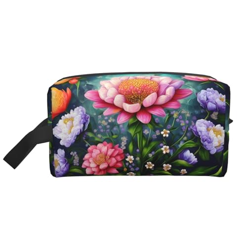 VPPUR Aufbewahrungstasche mit Blumenmotiv und Strasssteinen, großes Fassungsvermögen, mit Reißverschluss, Reise-Kosmetik-Organizer für Toilettenartikel, Make-up, Weiss/opulenter Garten, Einheitsgröße von VPPUR