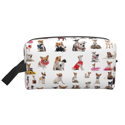 VPPUR Aufbewahrungstasche mit niedlichem Chihuahua-Mopsmuster, großes Fassungsvermögen, mit Reißverschluss, Reise-Kosmetik-Organizer für Toilettenartikel, Make-up, Weiss/opulenter Garten, von VPPUR