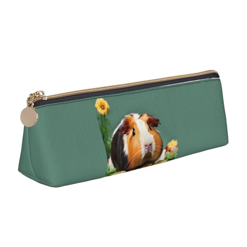 VPPUR Kleines Federmäppchen mit Blumenmotiv und Meerschweinchen-Aufdruck, dreieckige Tasche mit Stifthalter mit Reißverschluss für Schreibwerkzeuge, Weiß, One Size von VPPUR