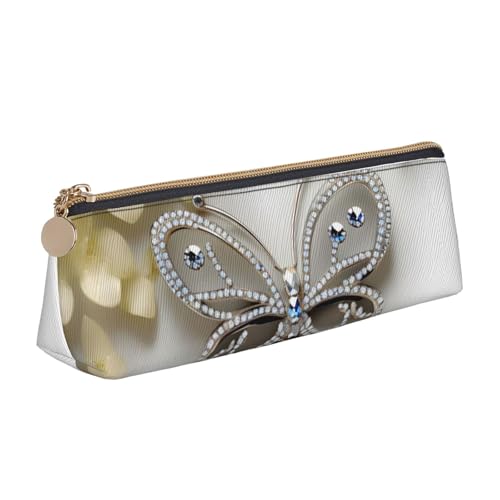 VPPUR Kleines Federmäppchen mit Strasssteinen, Schmetterlings- und Blumendruck, dreieckige Tasche mit Stifthalter mit Reißverschluss für Schreibwerkzeuge, Weiß, One Size von VPPUR