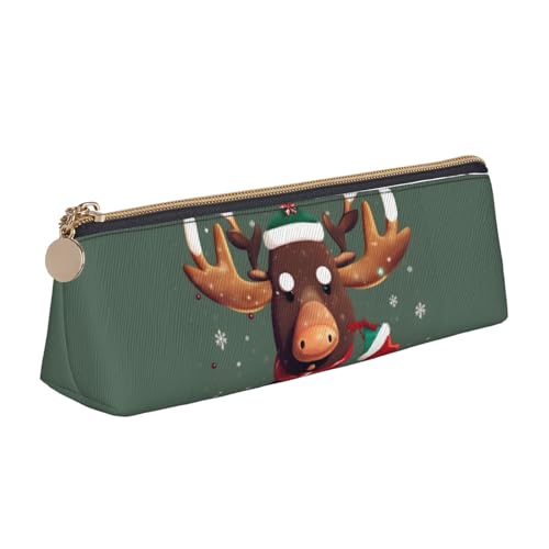 VPPUR Lustiges kleines Federmäppchen mit weihnachtlichem Elchkopf-Druck, dreieckige Tasche mit Stifthalter mit Reißverschluss für Schreibwerkzeuge, Weiß, One Size von VPPUR