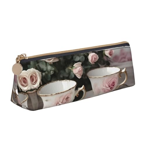 VPPUR Teetassen mit Rosen, romantischer Shabby-Druck, kleines Federmäppchen, dreieckig, mit Stifthalter mit Reißverschluss, für Schreibwerkzeuge, Weiß, One Size von VPPUR
