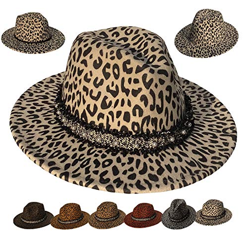VPbao Damen Herren Fedora Hut mit Leder & Perle Schnalle breite Krempe Cosplay Panama Cap (37 Farben) Gr. 56, Filz Leopard Beige von VPbao