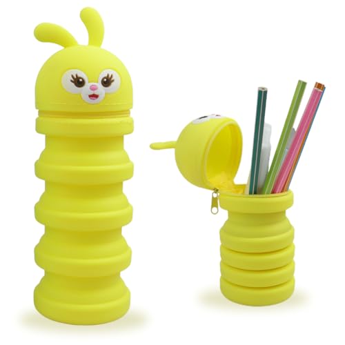 Federmäppchen, Schlampermäppchen und Stifteköcher 2 in 1, Federmäppchen aus Weichem Silikon, Teleskopisch Mäppchen, Bär Federmäppchen Reißverschluss, für Teenager Mädchen Jungen Kinder, Gelb von VQEOEOT