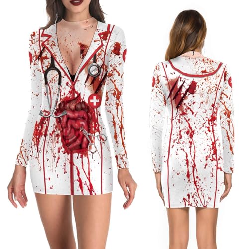 Halloween Kleidung Damen mit blutigem Aufdruck, Halloween Kostüm Kleid mit Blutigem Aufdruck, Zombie Krankenschwester Blutiges Halloween Kostüm, für Mottoparty, Karneval, Cosplay, L von VQEOEOT